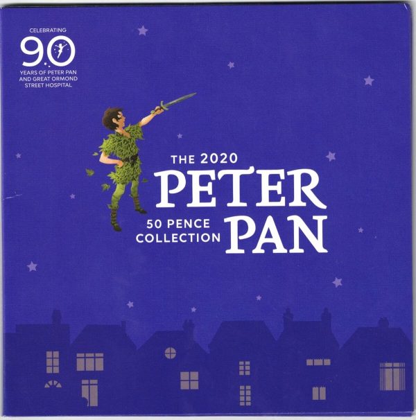 2020 Isle Of Man Peter Pan Six Coin Fifty Pence Set. The obverse features the portrait of Queen Elizabeth II facing right.