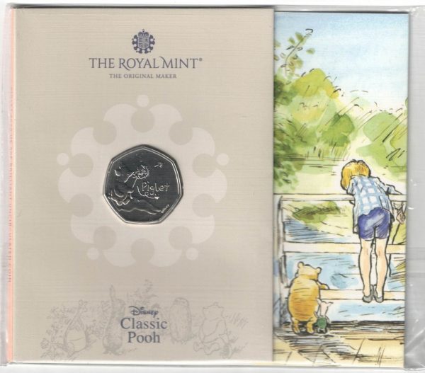 2020 Fifty Pence Classic Pooh Non-Colourised Piglet. Cupro nickel coin featuring Queen Elizabeth II on the Obverse. The Reverse features Piglet.