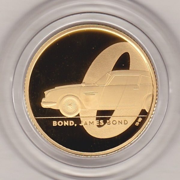2020 Gold Proof Quarter Ounce 007 Bond, James Bond coin featuring Queen Elizabeth II on the Obverse. Aston Martin and the 007 logo on the Reverse.