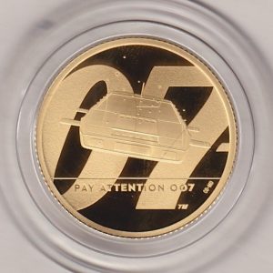 2020 Gold Proof Quarter Ounce Pay Attention 007 coin featuring Queen Elizabeth II on the Obverse. James Bond’s car and the 007 logo on the Reverse.
