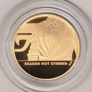 2020 Gold Proof Quarter Ounce 007 Shaken Not Stirred coin featuring Queen Elizabeth II on the Obverse. James Bond’s torso and the 007 logo on the Reverse.
