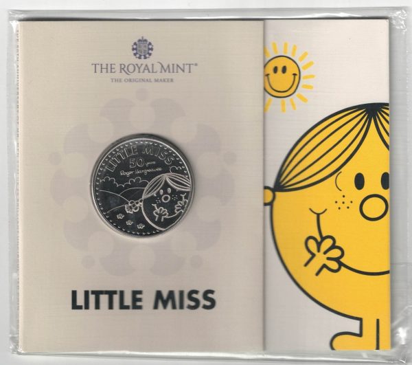 2021 Five Pounds Little Miss cupro nickel coin featuring Queen Elizabeth II on the Obverse and Little Miss Sunshine on the Reverse side of this coin.