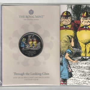 2021 Coloured Five Pounds Through The Looking Glass cupro nickel coin featuring Queen Elizabeth II on the Obverse. All coins are in stock.