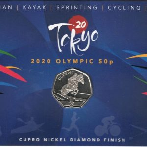 2021 Gibraltar Tokyo Olympic Games Equestrian Fifty Pence Coin. The obverse features the portrait of Queen Elizabeth II facing to the right.