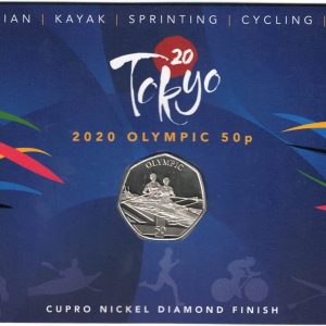 2021 Gibraltar Tokyo Olympic Games Rowing Fifty Pence Coin. The obverse features the portrait of Queen Elizabeth II facing to the right.