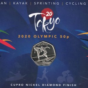 2021 Gibraltar Tokyo Olympic Games Sprinting Fifty Pence Coin. The obverse features the portrait of Queen Elizabeth II facing to the right.