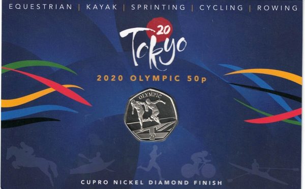 2021 Gibraltar Tokyo Olympic Games Sprinting Fifty Pence Coin. The obverse features the portrait of Queen Elizabeth II facing to the right.