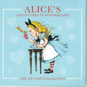 2021 Isle Of Man Adventures In Wonderland Five Coin Fifty Pence Set. The obverse features the portrait of Queen Elizabeth II facing right.