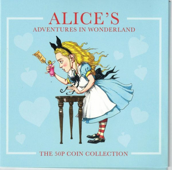 2021 Isle Of Man Adventures In Wonderland Five Coin Fifty Pence Set. The obverse features the portrait of Queen Elizabeth II facing right.