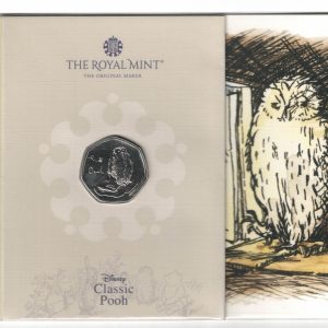 2021 Fifty Pence Classic Pooh Non-Colourised Owl. Cupro nickel coin featuring Queen Elizabeth II on the Obverse. The Reverse features Owl.
