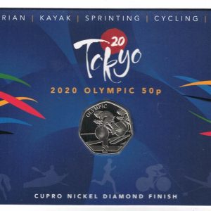 2021 Gibraltar Tokyo Olympic Games Cycling Fifty Pence Coin. The obverse features the portrait of Queen Elizabeth II facing to the right.