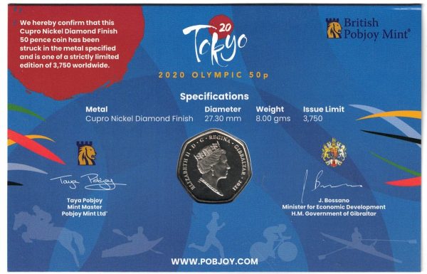 2021 Gibraltar Tokyo Olympic Games Kayaking Fifty Pence Coin - Image 2