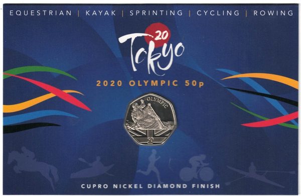 2021 Gibraltar Tokyo Olympic Games Kayaking Fifty Pence Coin. The obverse features the portrait of Queen Elizabeth II facing to the right.