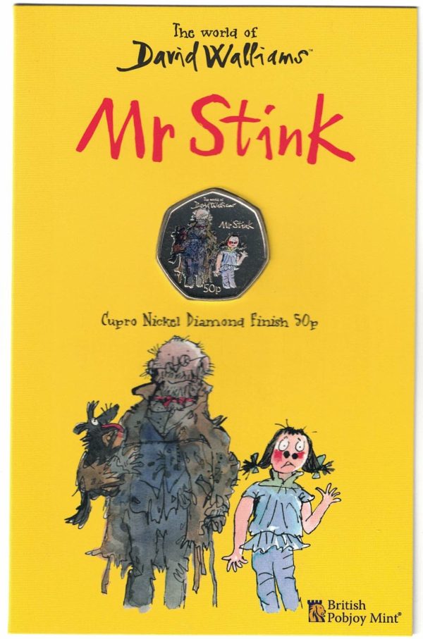 2021 Gibraltar David Walliams Mr Stink Fifty Pence Coin. The obverse features the portrait of Queen Elizabeth II facing to the right.