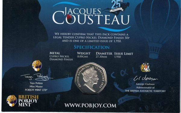 2022 British Antarctic Jacques Cousteau Fifty Pence Coin - Image 2