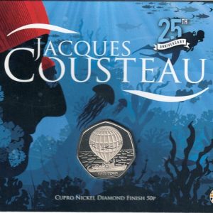 2022 British Antarctic Jacques Cousteau Fifty Pence Coin . The obverse features the portrait of Queen Elizabeth II facing to the right.