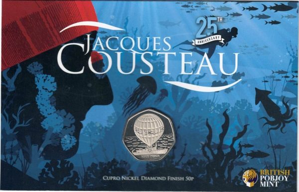 2022 British Antarctic Jacques Cousteau Fifty Pence Coin . The obverse features the portrait of Queen Elizabeth II facing to the right.