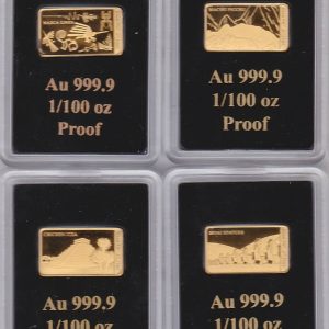 Four Solomon Islands 1/100 Oz Gold Bars. Each bar contains 0.31103 grams of 999.9 fine gold and comes in a plastic capsule.