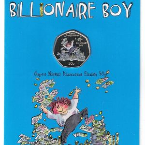 2022 Gibraltar David Walliams Billionaire Boy Fifty Pence Coin. The obverse features the portrait of Queen Elizabeth II facing to the right.