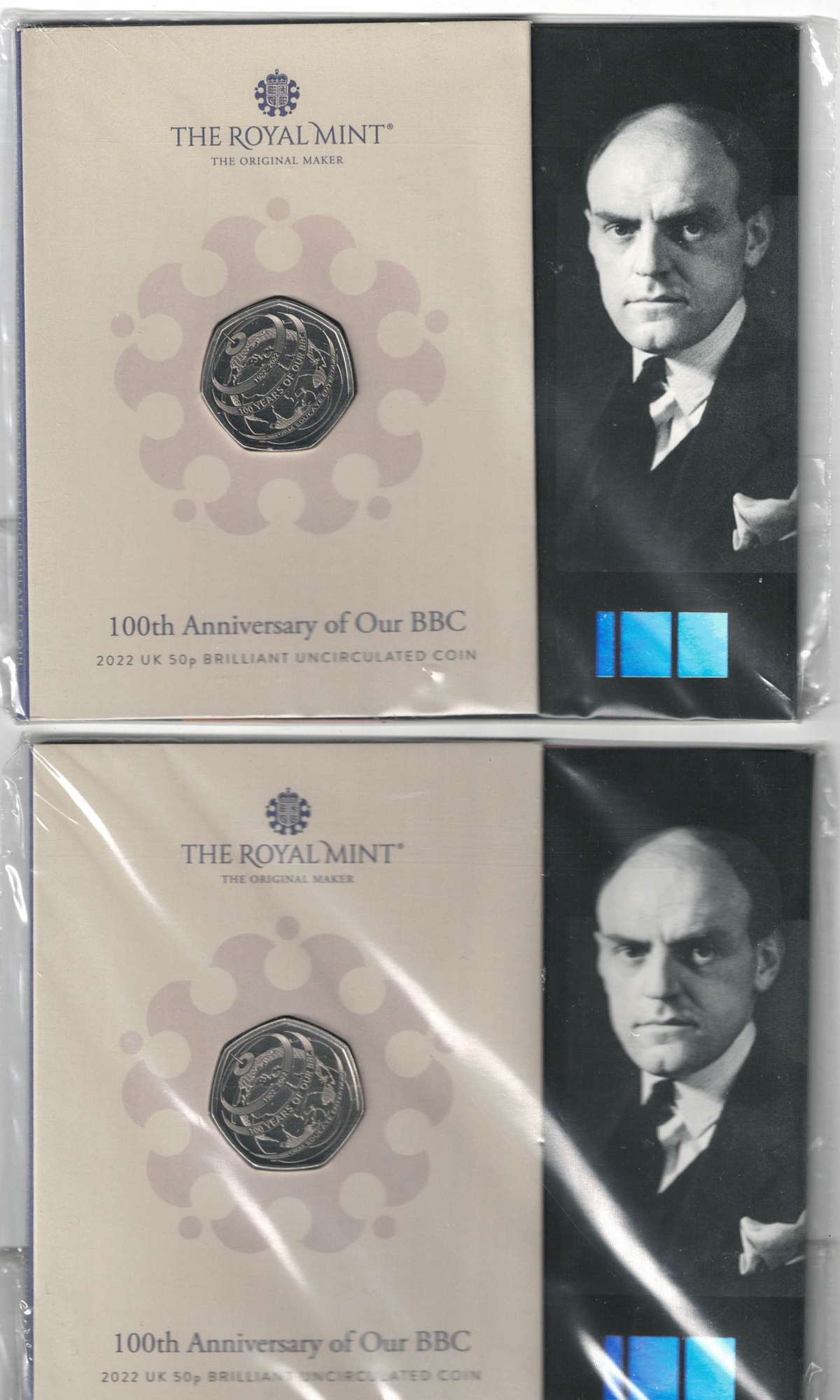 Two 2022 Royal Mint Fifty Pence Coins 100th Anniversary of BBC cupro nickel coins. All coins are in stock. You are buying two fifty pence coins.