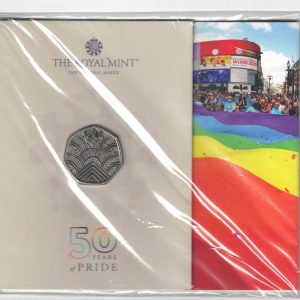 2022 Fifty Pence Coin 50 years of pride cupro nickel coin featuring Queen Elizabeth II on the Obverse side. All coins are in stock.