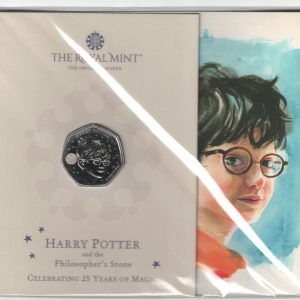 2022 Harry Potter Cupro-nickel Fifty Pence coin featuring Elizabeth II on the Obverse and Harry Potter on the Reverse. This coin is in stock.