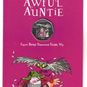 2022 Gibraltar Awful Auntie Fifty Pence Coin. The obverse features the portrait of Queen Elizabeth II facing to the right.