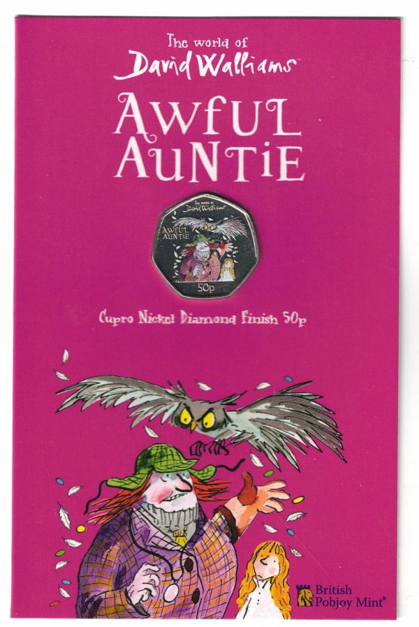 2022 Gibraltar Awful Auntie Fifty Pence Coin. The obverse features the portrait of Queen Elizabeth II facing to the right.