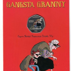 2022 Gibraltar David Walliams Gangsta Granny Fifty Pence Coin. The obverse features the portrait of Queen Elizabeth II facing to the right.