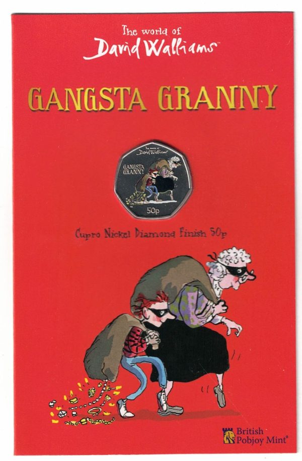 2022 Gibraltar David Walliams Gangsta Granny Fifty Pence Coin. The obverse features the portrait of Queen Elizabeth II facing to the right.