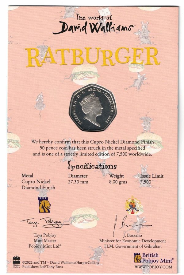 2022 Gibraltar David Walliams Ratburger Fifty Pence Coin - Image 2