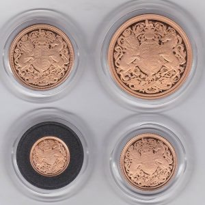 2022 Memorial Four Coin Gold Proof Set. This three coin gold sovereign set comes boxed with certificate as issued by the Royal Mint.