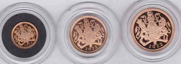2022 Three Coin Gold Proof Set. This three coin gold sovereign set comes boxed with certificate as issued by the Royal Mint.