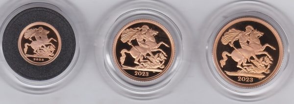 2023 Three Coin Gold Proof Set. This three coin gold sovereign set comes boxed with certificate as issued by the Royal Mint.