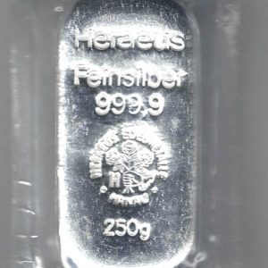 250 Gram Silver Bar Heraeus. This bar contains 250 grams of 999 fine Silver. All of our silver bars have been pre-owned and are in stock.