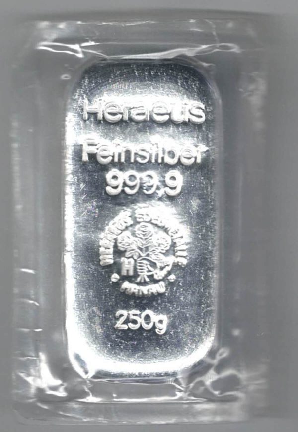 250 Gram Silver Bar Heraeus. This bar contains 250 grams of 999 fine Silver. All of our silver bars have been pre-owned and are in stock.