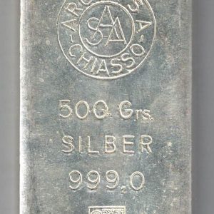 500 Gram Silver Bar Argor Chiasso. This bar contains 500 grams of 999 fine Silver. All of our silver bars have been pre-owned and are in stock.