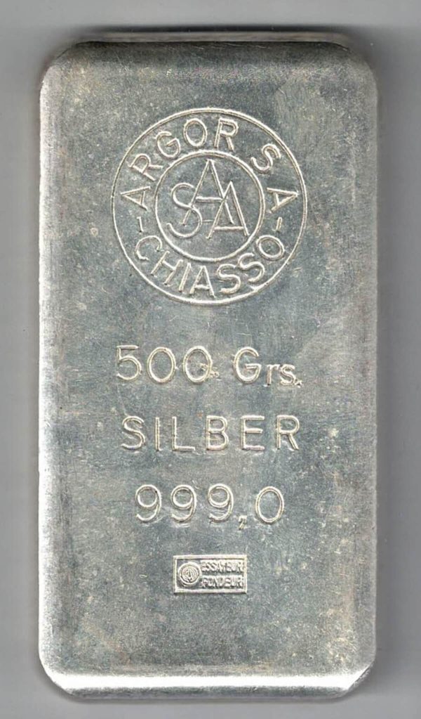 500 Gram Silver Bar Argor Chiasso. This bar contains 500 grams of 999 fine Silver. All of our silver bars have been pre-owned and are in stock.