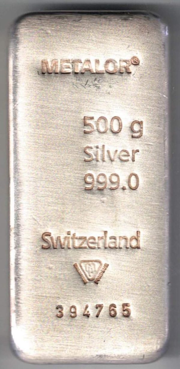 500 Gram Silver Bar Metalor. This bar contains 500 grams of 999 fine Silver. All of our silver bars have been pre-owned and are in stock.