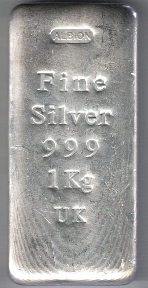Bullion Albion One Kilo Fine Silver Bar. All of our silver bars have been pre-owned and in stock for dispatch for delivery.