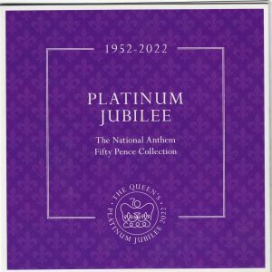 2022 Isle Of Man Platinum Jubilee Five Coin Fifty Pence Set. The obverse features the portrait of Queen Elizabeth II facing right.