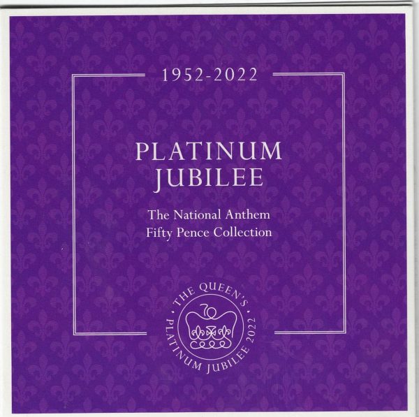 2022 Isle Of Man Platinum Jubilee Five Coin Fifty Pence Set. The obverse features the portrait of Queen Elizabeth II facing right.