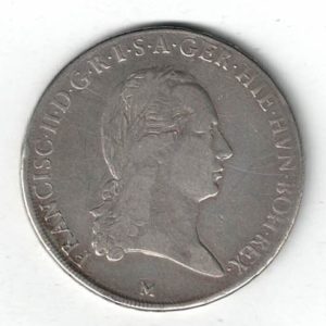 1793 M Italy Milan Silver Crocione Coin. The obverse of this coin features the bust of Francisco II. The reverse features a cross with 3 crowns.