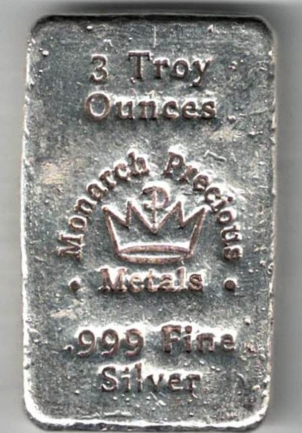 Poured and stamped three Ounce Silver Bar Monarch Precious Metals. All of our silver bars have been pre-owned and are in stock.