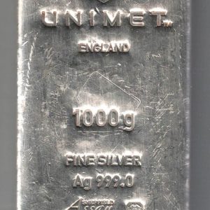 Bullion Unimet One Kilo Fine Silver Bar. All of our silver bars have been pre-owned and in stock for dispatch for delivery.