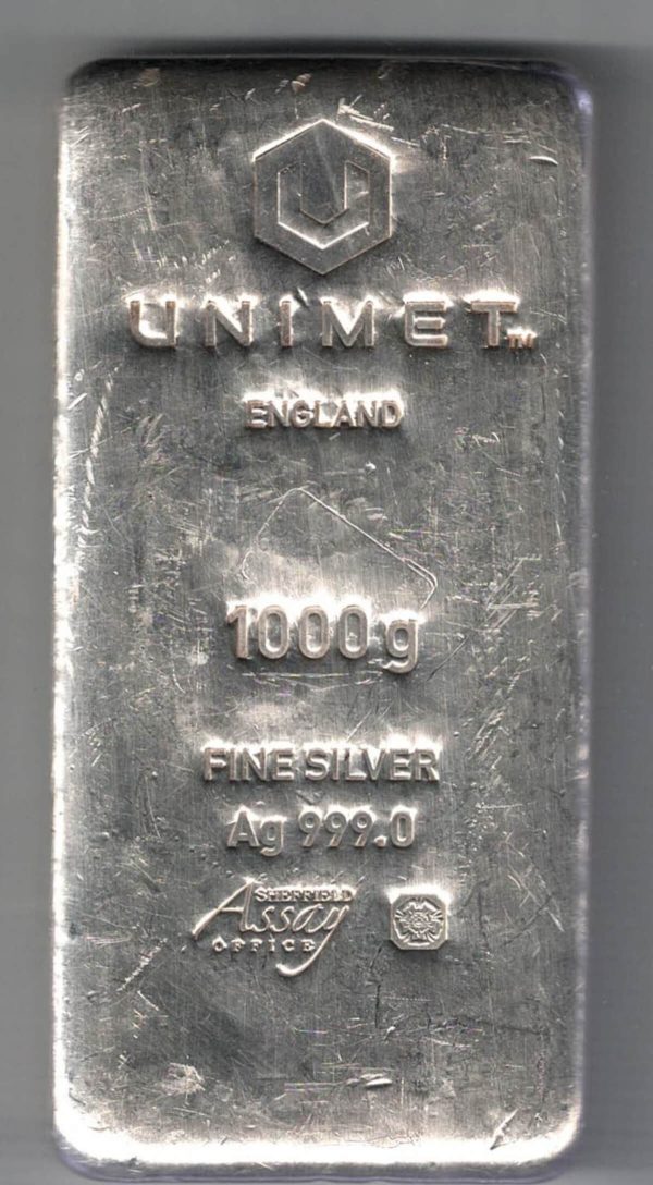 Bullion Unimet One Kilo Fine Silver Bar. All of our silver bars have been pre-owned and in stock for dispatch for delivery.