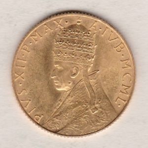 1950 Vatican City Gold One Hundred Lire coin. The obverse features Pope Piux XII. This coin was issued to commemorate the opening of the Holy Year Door.