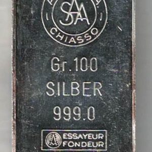 100 Gram 999 fine silver Bar minted by Argor Chiasso All of our silver bars have been pre-owned and are in stock for despatch.