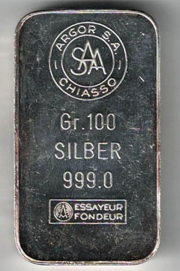 100 Gram 999 fine silver Bar minted by Argor Chiasso All of our silver bars have been pre-owned and are in stock for despatch.