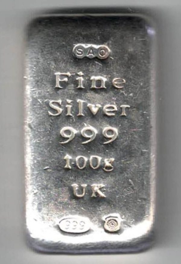 100 Gram 999 fine silver Bar minted by SAO Mint All of our silver bars have been pre-owned and are in stock for despatch.